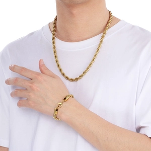 Ensemble collier et bracelet maille torsadée dorée à la mode avec fermoir mousqueton pour unisexe