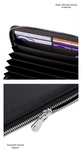 Detail of RFID leather wallet with smooth metal zipper and high-density lining