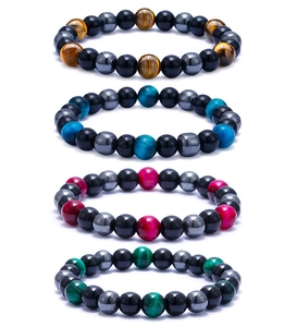 Detailed stack of 8mm tiger eye and hematite beaded bracelets in four vibrant colors