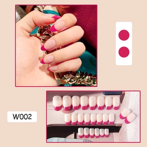 French tip press-on nails in magenta and nude pink, full W002 set display and application