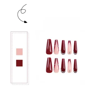 Coffret détaillé de 10 faux ongles cercueil bordeaux et rose nude avec strass étincelants