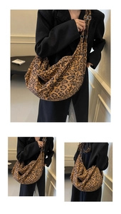 Three-panel view of large leopard print crescent tote bag worn by a model