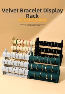 Close-up detail of three-tier jewelry display stands in velvet and linen textures