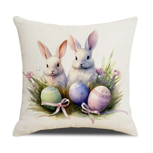 Easter bunny linen pillowcase with watercolor rabbits and colorful eggs on white background