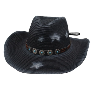 Black woven straw cowboy hat with turquoise beads and silver metal concho accents