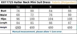 Size chart for halter neck mini blazer dress with measurements for XS S M and L sizes