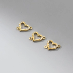 Three 18k gold plated 925 silver heart connectors with white cubic zirconia for DIY jewelry