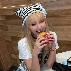 Cute striped cat ear knit beanie with pom-poms for women in black and white stripes