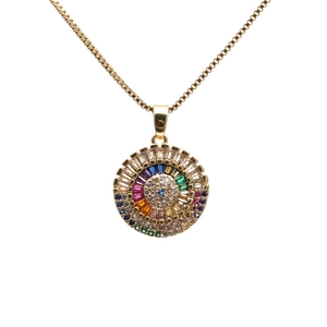 Gold box chain necklace with a colorful zircon micro-pave evil eye pendant on white background