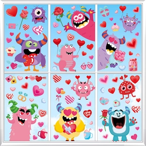 Valentine's Day cartoon monster glass window stickers with hearts and colorful decor