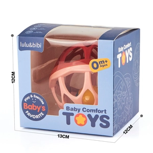 Baby Manhattan rattle ball in retail box showing dimensions 13x12x12 cm for infants