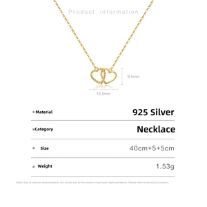 Detailed view of interconnected 18K gold heart pendant with 925 silver chain specs