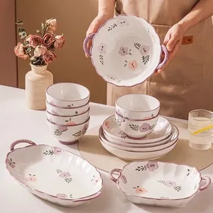 Japanese style purple floral ceramic dinnerware set with bowls and handled plates