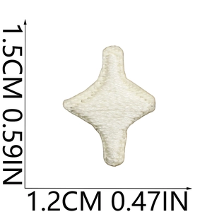Macro detail showing white star embroidered patch with dimensions 1.5cm by 1.2cm
