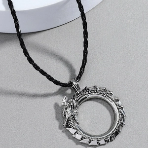 Vintage Viking dragon pendant necklace with silver metal finish and black leather cord
