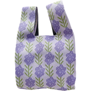 Minimalist lavender knit handbag with purple floral patterns and stripe texture