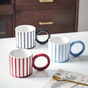 Ceramic Mug Artistic Striped Coffee Cup With Large Round Ring Handle Modern Style Decorative Drinkware For Home Office
