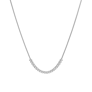 Minimalist silver beaded necklace with 19 polished spheres on a sleek snake chain