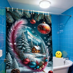 Waterproof Christmas shower curtain with festive snow cabin design and pine branch patterns