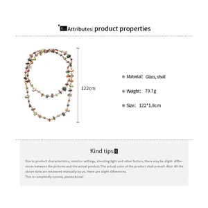 Size guide for shell and glass bead necklace showing length and weight specifications