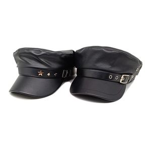 Classic black PU leather newsboy caps with star rivets and metal buckle detailing
