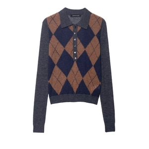 Argyle Knitted Polo Shirt Long Sleeve Button Up Front Retro American Style Contrast Color Top For Women