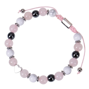 Detail of pink crystal and agate beaded bracelet with silver heart charm and adjustable cord