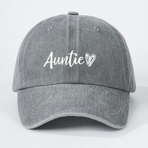 Washed grey cotton baseball cap for outdoor sun protection featuring Auntie heart print