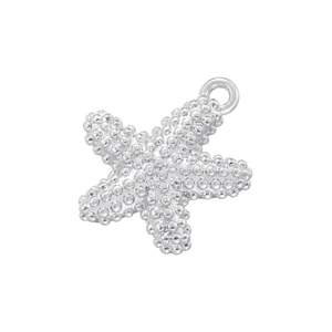 Detailed close-up of a silver starfish pendant with textured grain finish and top ring
