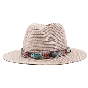 Chapeau Fedora en paille pour homme avec ruban bohème et ornements turquoise