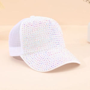 Detailed view of white baseball cap with shimmering rhinestones and breathable mesh panels