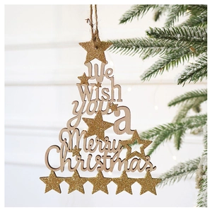 Close-up of wooden Merry Christmas hanging sign with golden glitter stars for tree