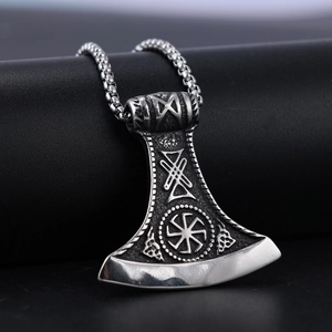 Viking axe pendant necklace in vintage silver steel with intricate rune engravings