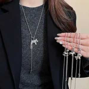 Luxury Horse Pendant Necklace Zircon Inlaid Copper Long Sweater Chain Silver Color Adjustable Snake Bone Jewelry Women