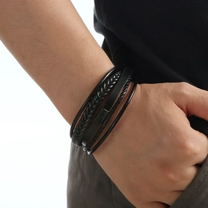 Premium multi-layer black leather bracelet with braided strands and stainless steel clasp