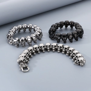Punk style skull bracelets in silver, black and vintage silver finishes, set of 3