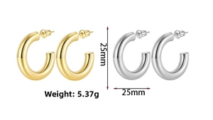 Detail view of 25mm thick hoop earrings in gold and silver finish with weight specs