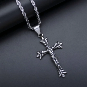 Vintage gothic stainless steel cross necklace with a textured arrow pendant on rope chain
