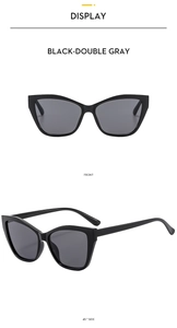 Detailed front and side views of black cat-eye sunglasses with dark grey lenses