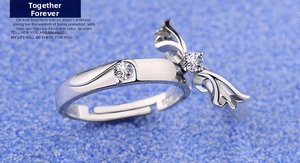 Macro shot of S925 silver couples ring set with angel wing design and zircon inlay