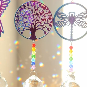 Rainbow tree of life and dragonfly metal suncatchers with crystal prisms and colorful beads