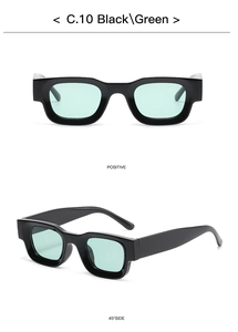 Detailed front and side views of black square punk sunglasses with green tinted lenses