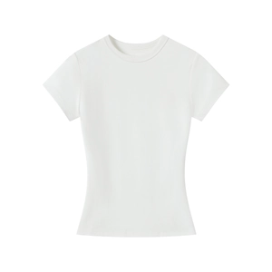 Detailed view of the ribbed crew neck and seam stitching on a slim white cotton T-shirt