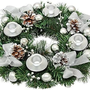 Christmas pine wreath with silver ornaments and 4 candle holders for holiday table decor