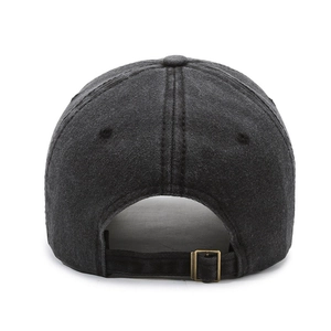 Back view of charcoal gray washed denim baseball cap with adjustable metal buckle