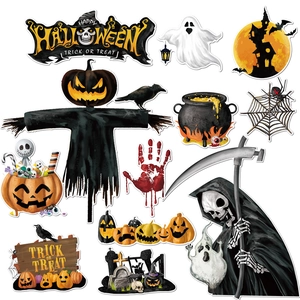 Detail of Halloween gnome skull magnets with spooky pumpkin, ghost, and spider web elements