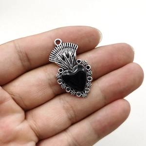 Gothic style black heart pendant with silver frame and rhinestones for DIY jewelry