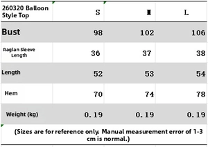 Größentabelle für S bis L Maße für lässiges Oberteil in Ballonform und lockere Hose