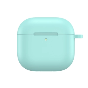 Detail view of teal green silicone AirPods 4 case with light hole and lanyard loop