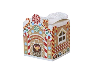 Detail of gingerbread house gift box with white rope handle and festive candy patterns